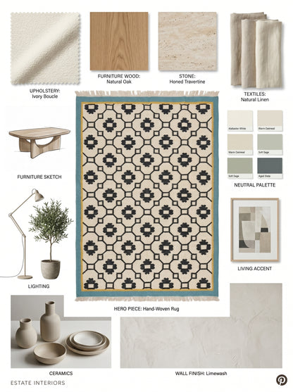 Teal Lattice Rosette  Modern Black & Cream Wool Cotton Dhurrie Rug
