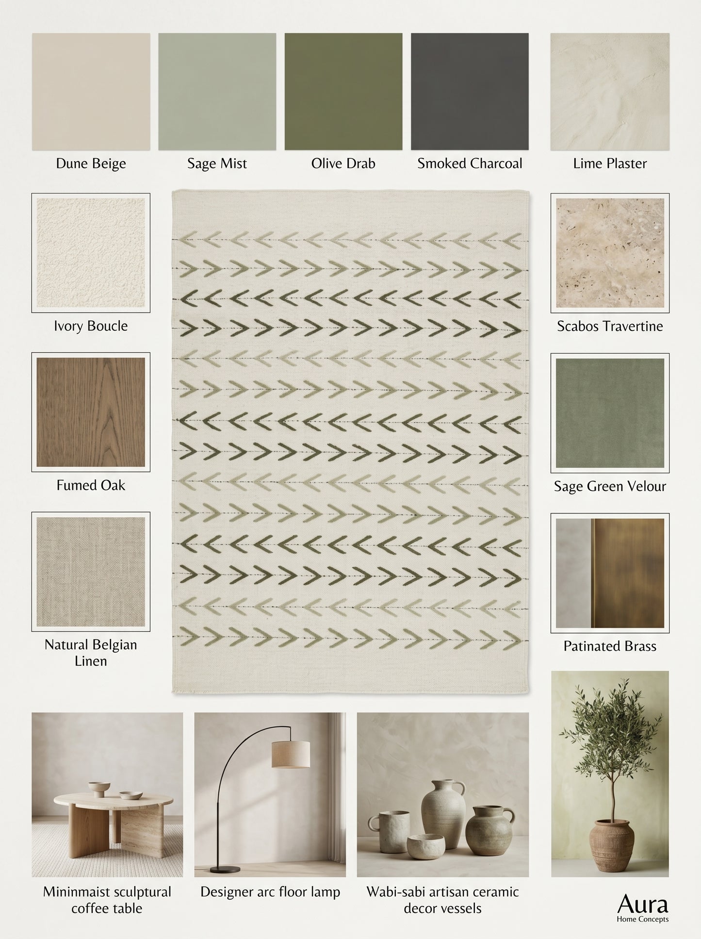 Sage Chevron Trail Minimalist Cream & Sage Green Wool Cotton Dhurrie Rug