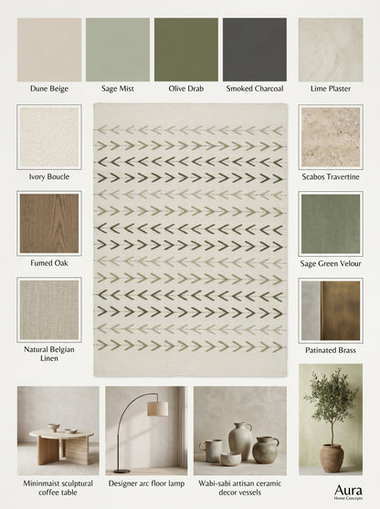 Sage Chevron Trail Minimalist Cream & Sage Green Wool Cotton Dhurrie Rug