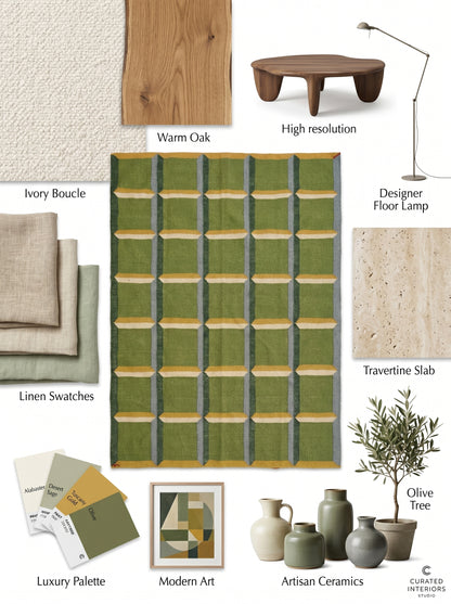 Emerald Block Lattice Modern Green Checkered Wool Cotton Dhurrie Rug