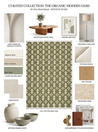 Olive Geometric Cross Handwoven Traditional Pattern Rug