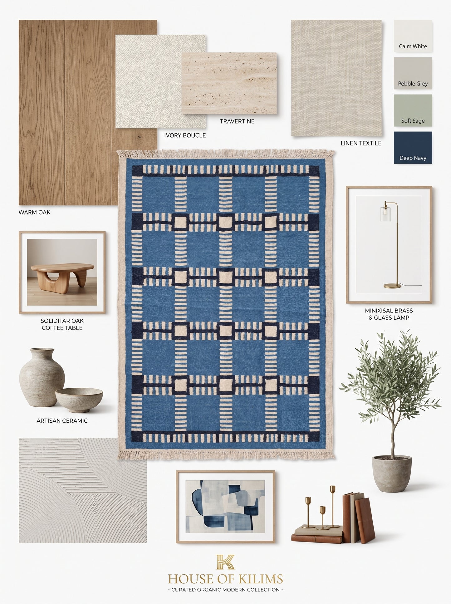 Cobalt Matrix Grid Wool Cotton Dhurrie Rug