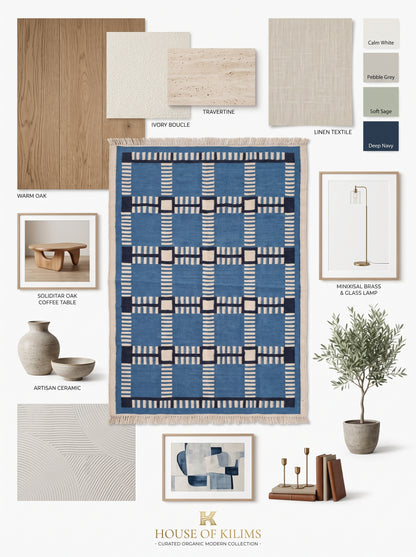 Cobalt Matrix Grid Wool Cotton Dhurrie Rug