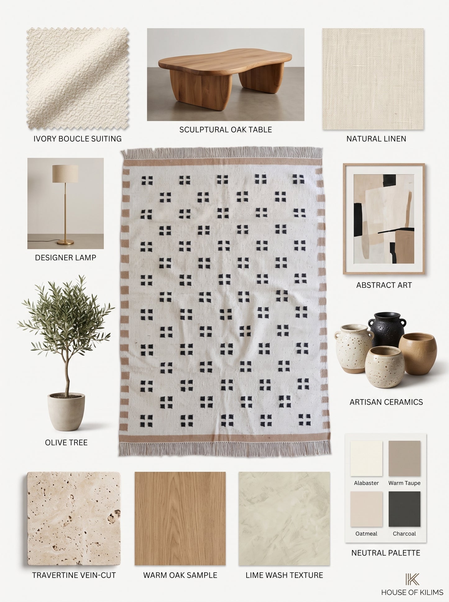 Minimalist Tan & Charcoal Dot Geometric Pixel Block Flatweave Area Rug