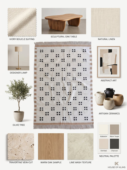Minimalist Tan & Charcoal Dot Geometric Pixel Block Flatweave Area Rug