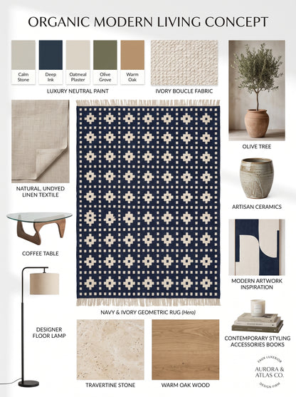 Indigo Pixel Cross Deep Navy Blue & Ivory Cream Cotton Wool Dhurrie