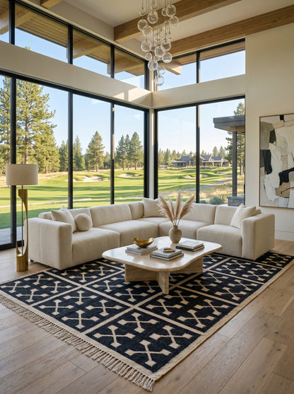 Charcoal Grid Cross Handwoven Symmetrical Paneled Rug