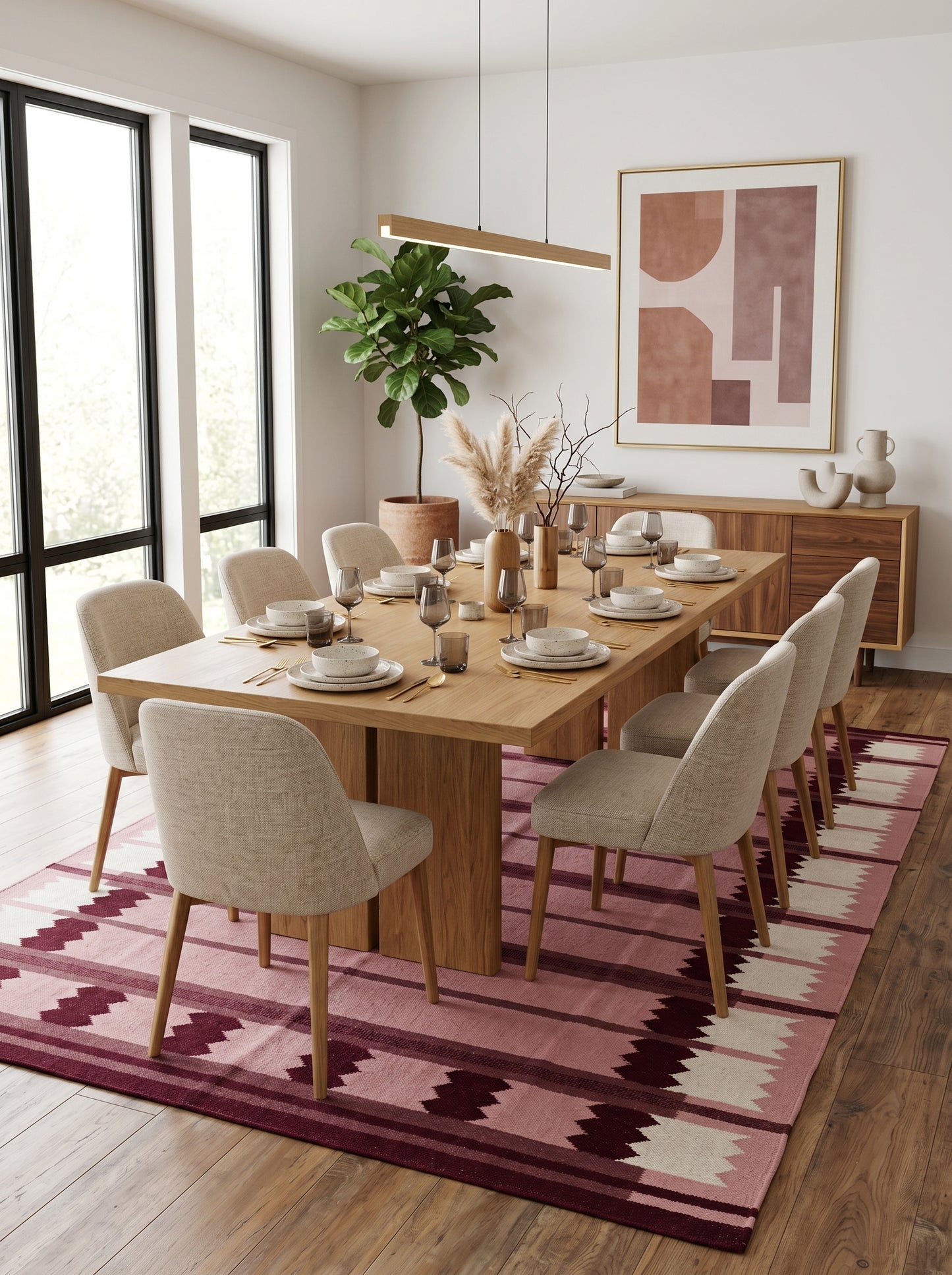 Rose Burgundy Sawtooth Modern Pastel Pink & Maroon Wool Cotton Dhurrie Rug
