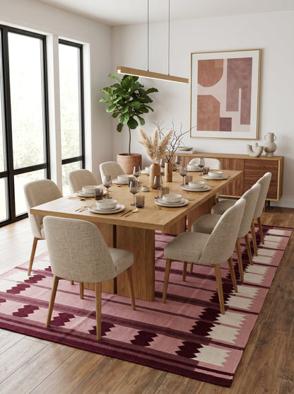 Rose Burgundy Sawtooth Modern Pastel Pink & Maroon Wool Cotton Dhurrie Rug