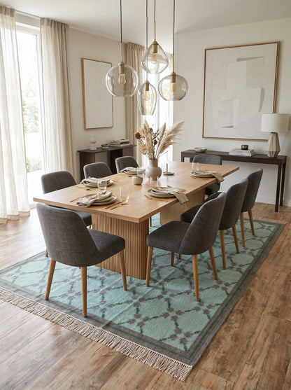 Premium Mint Green & Taupe Grey Wool Dhurrie Rug