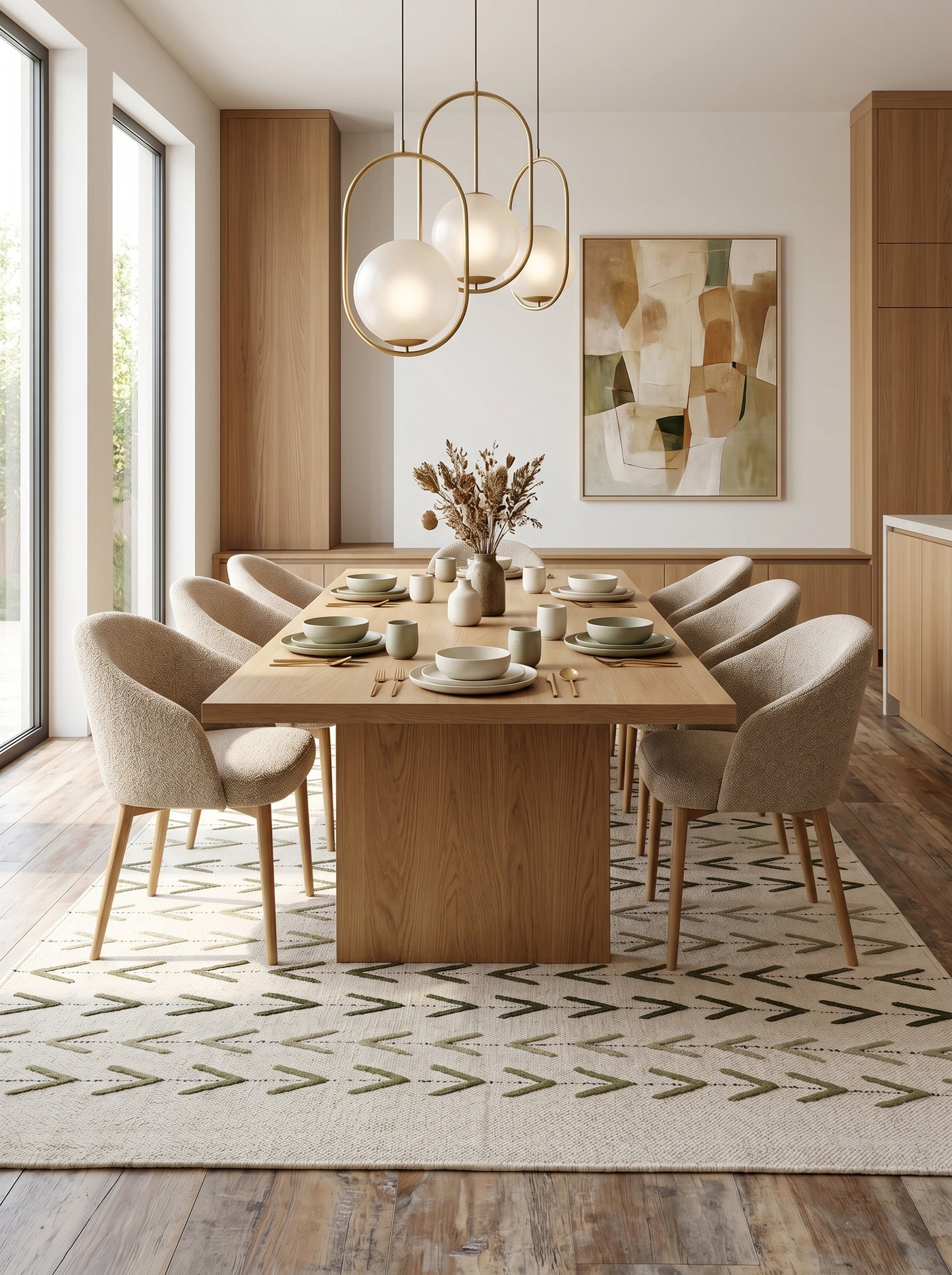 Sage Chevron Trail Minimalist Cream & Sage Green Wool Cotton Dhurrie Rug