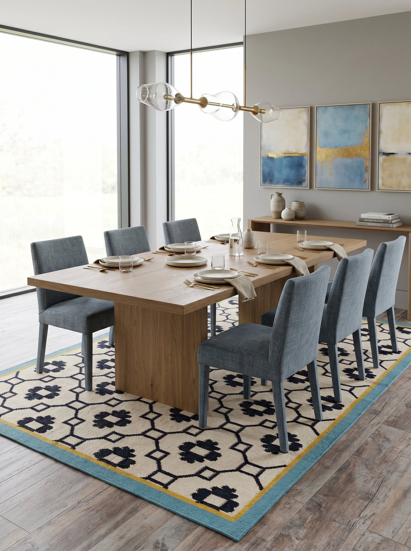 Teal Lattice Rosette  Modern Black & Cream Wool Cotton Dhurrie Rug