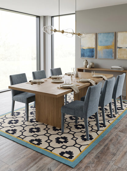 Teal Lattice Rosette  Modern Black & Cream Wool Cotton Dhurrie Rug