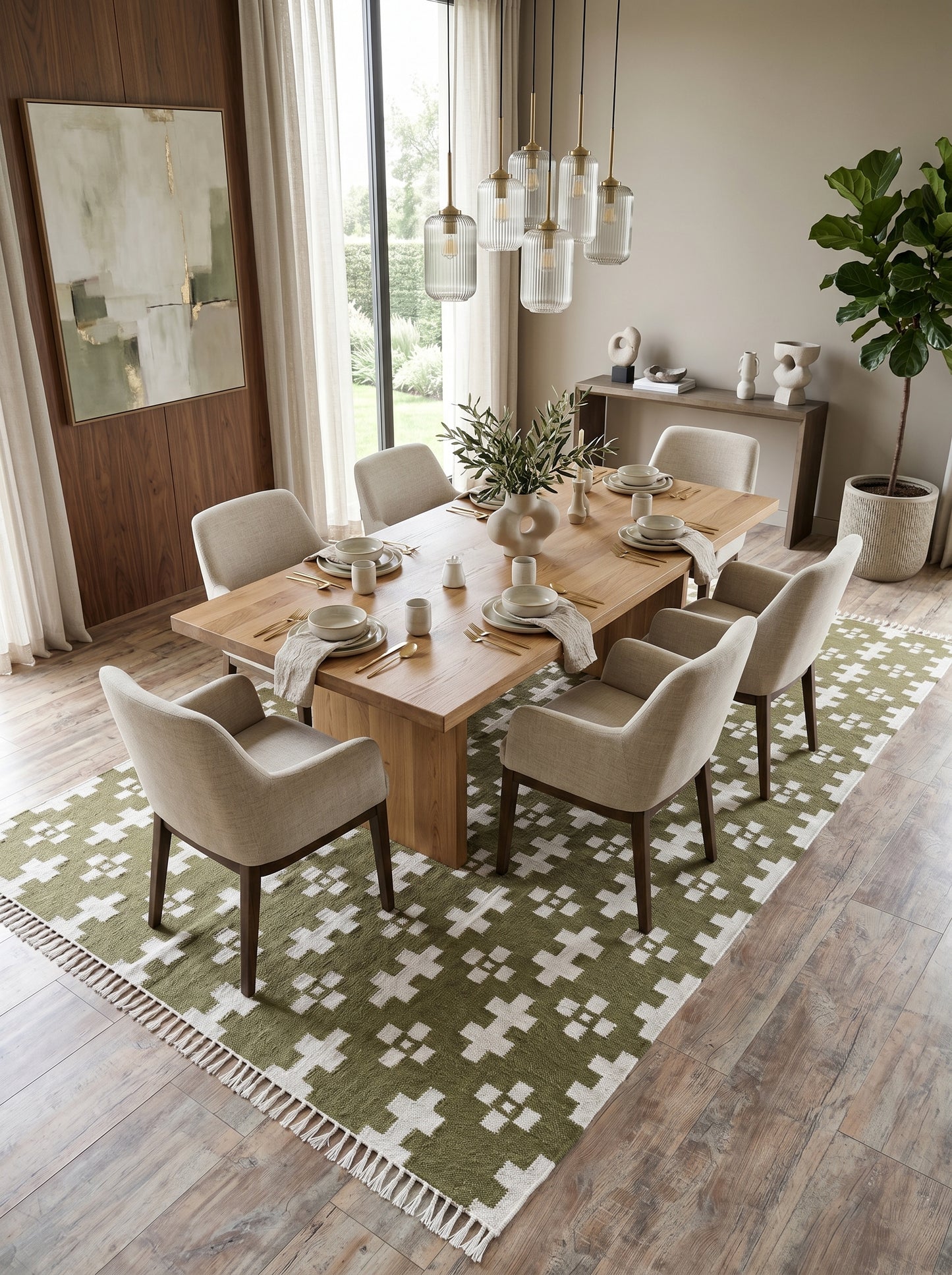 Olive Geometric Cross Handwoven Traditional Pattern Rug