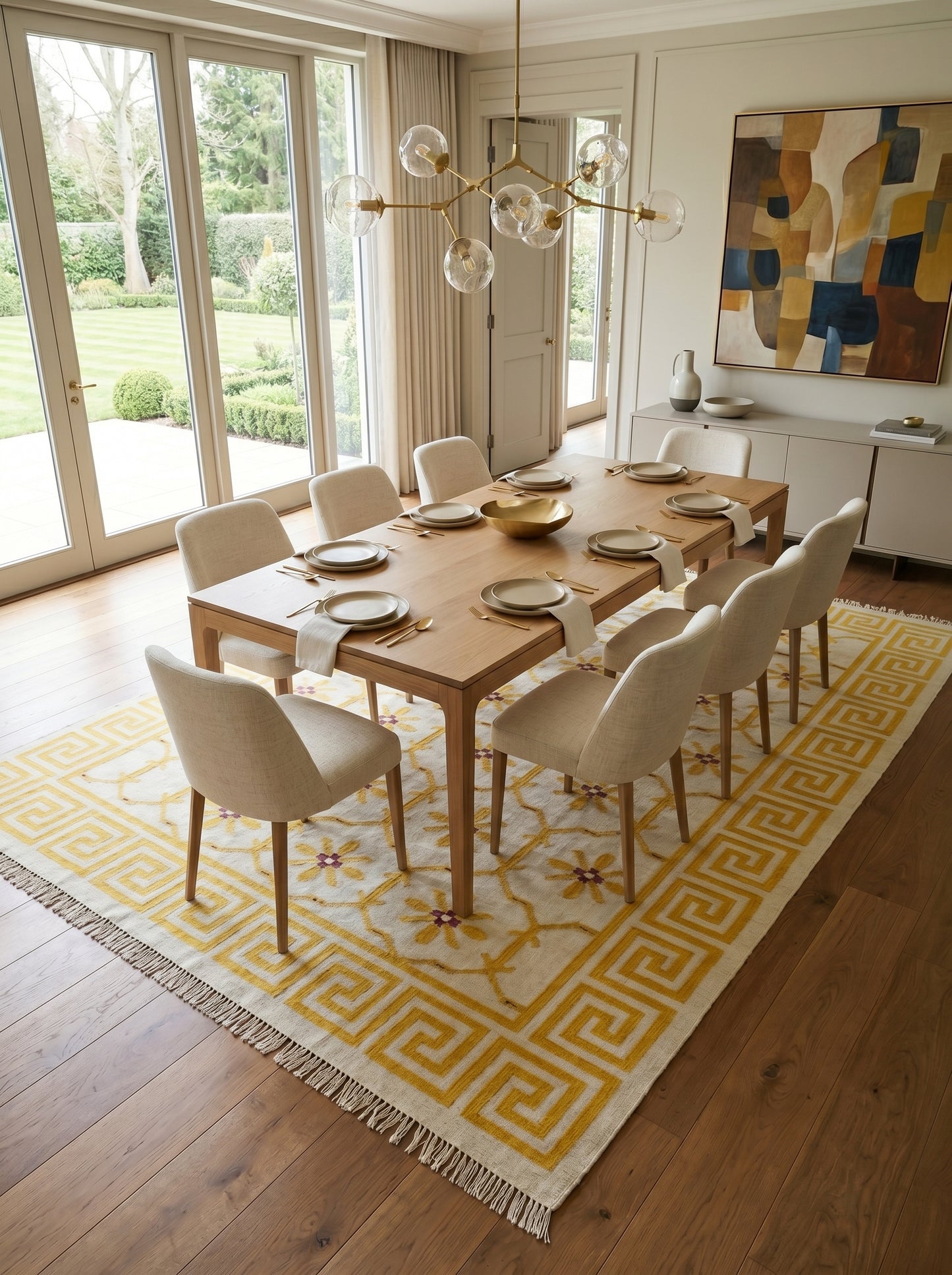 Yellow Greek Key Blossom Border Kilim Custom Size rug