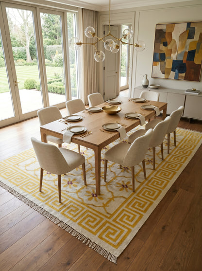 Yellow Greek Key Blossom Border Kilim Custom Size rug
