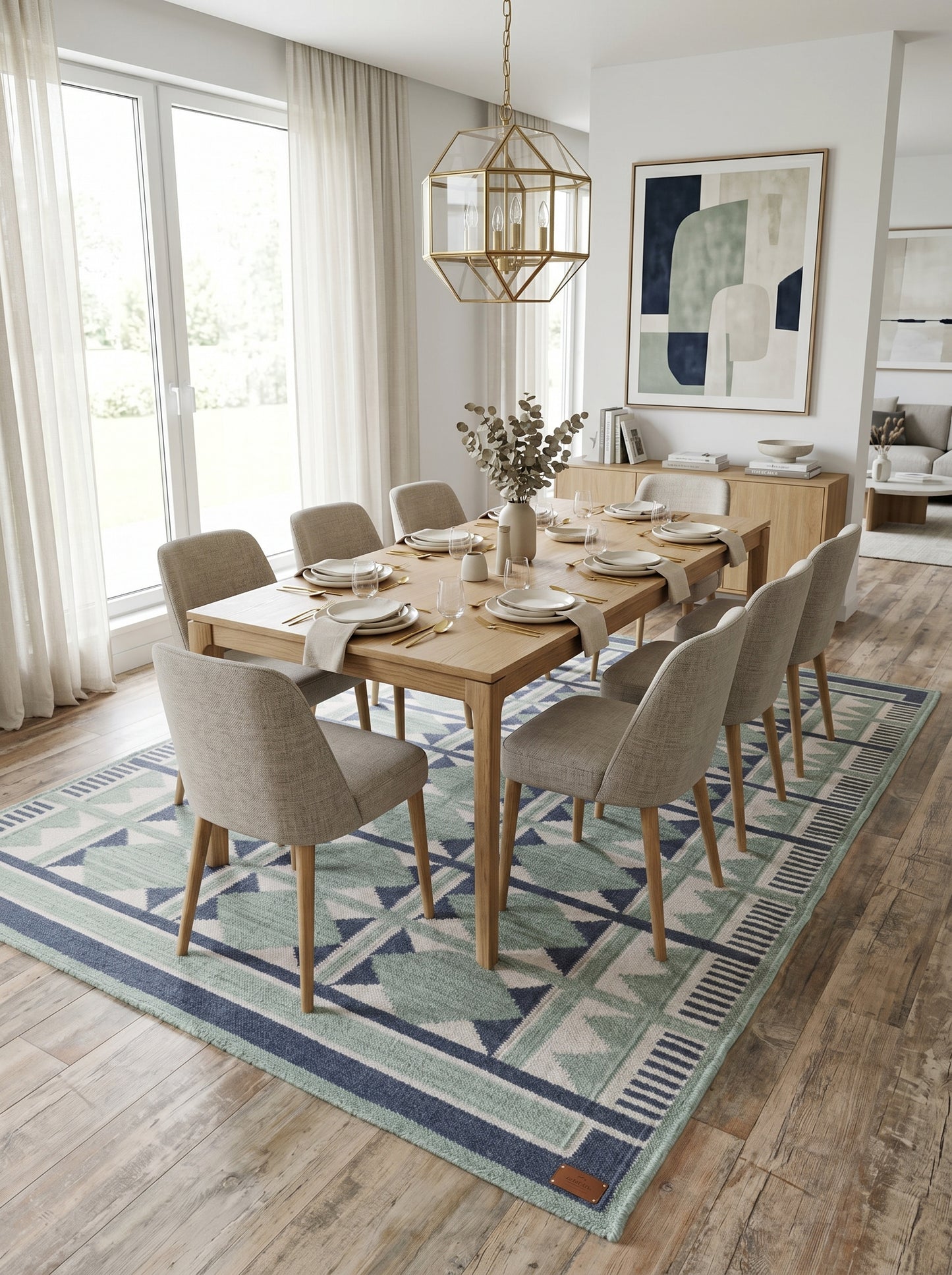 Sage Diamond Labyrinth Sage Green & Navy Wool Cotton Dhurrie Rug
