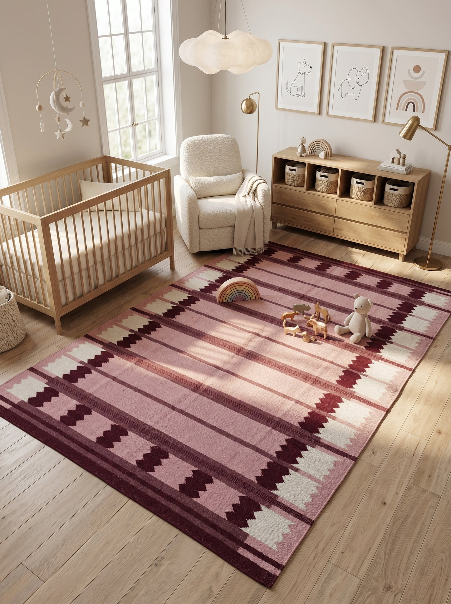 Rose Burgundy Sawtooth Modern Pastel Pink & Maroon Wool Cotton Dhurrie Rug