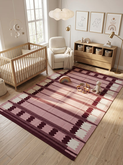 Rose Burgundy Sawtooth Modern Pastel Pink & Maroon Wool Cotton Dhurrie Rug
