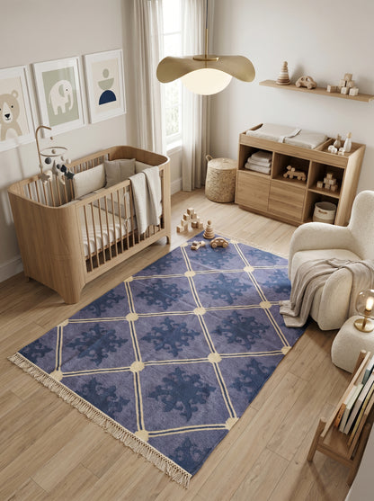 Slate Lavender Fleur Premium Lavender Blue & Indigo Wool Cotton Dhurrie Rug