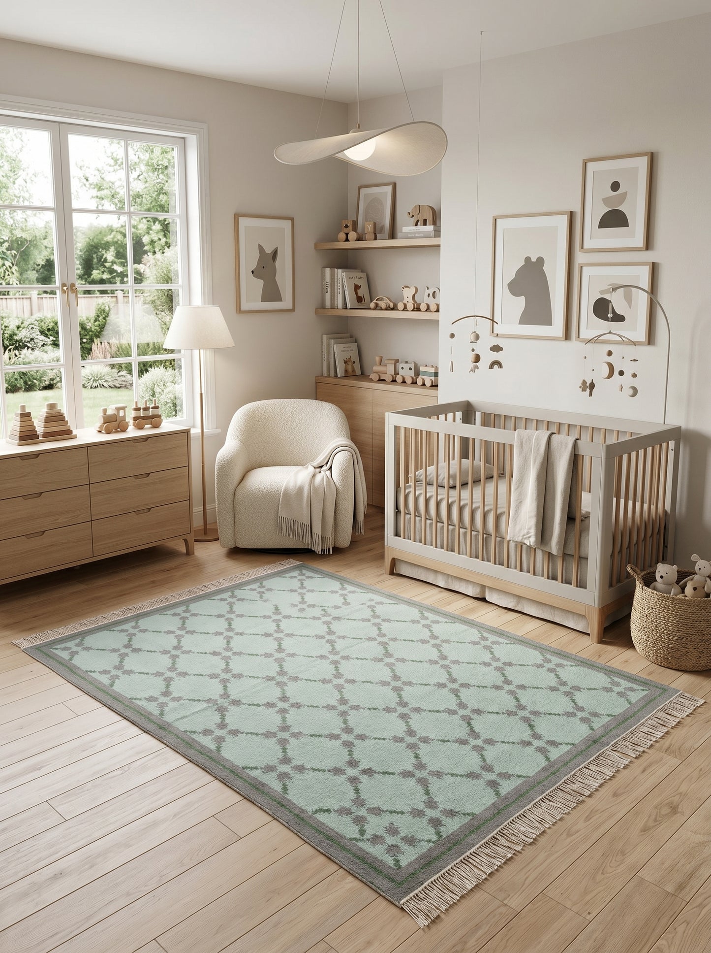 Premium Mint Green & Taupe Grey Wool Dhurrie Rug