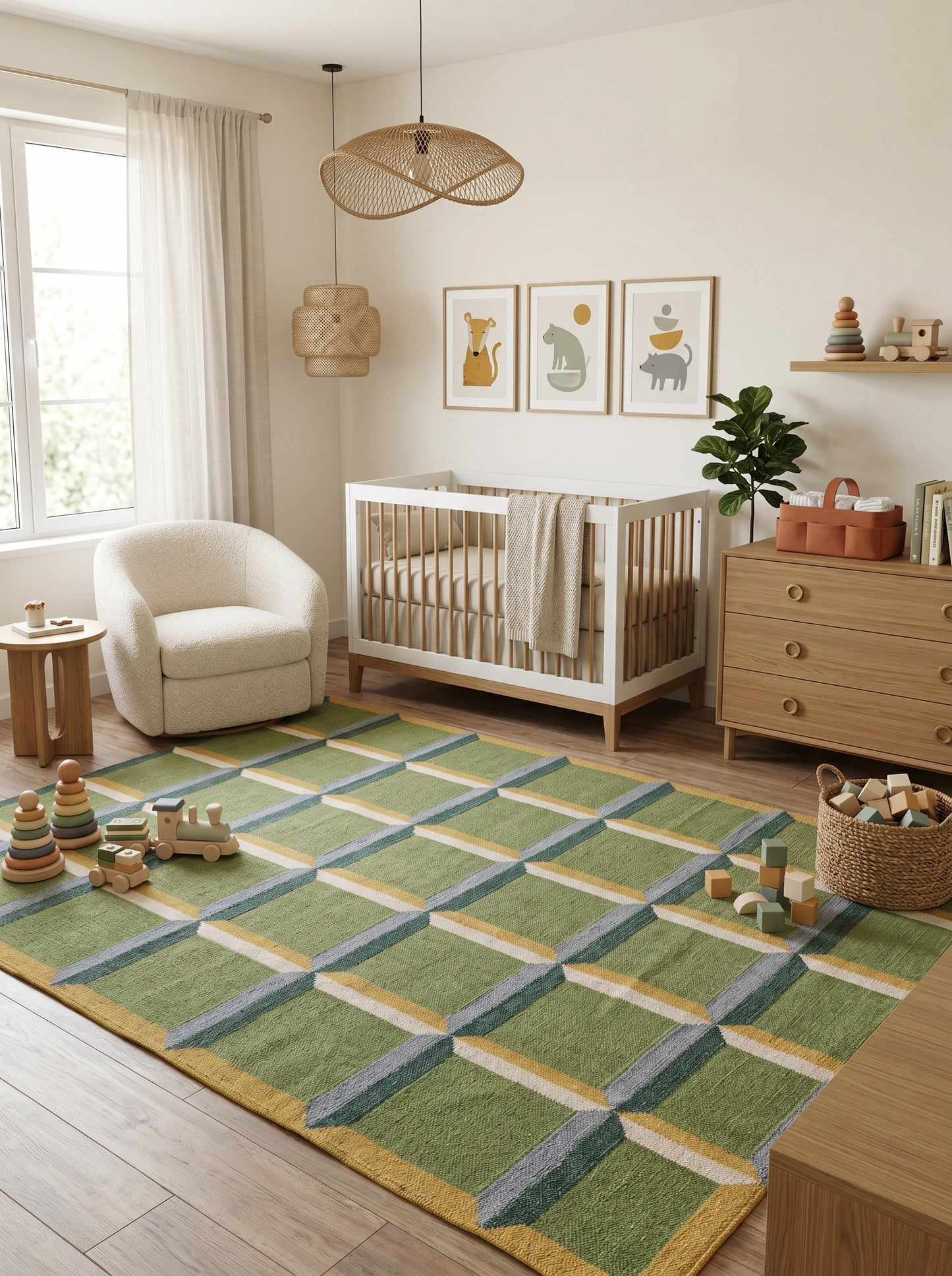 Emerald Block Lattice Modern Green Checkered Wool Cotton Dhurrie Rug