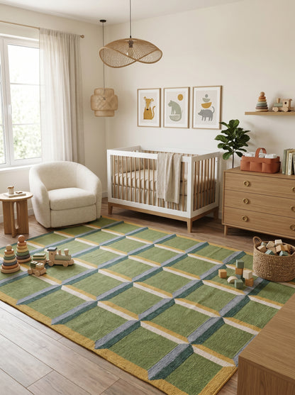 Emerald Block Lattice Modern Green Checkered Wool Cotton Dhurrie Rug