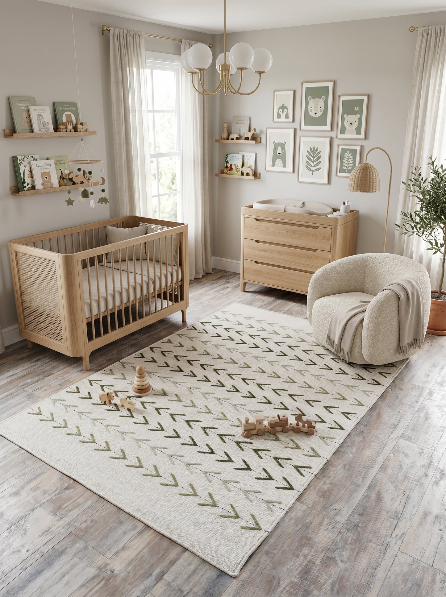 Sage Chevron Trail Minimalist Cream & Sage Green Wool Cotton Dhurrie Rug