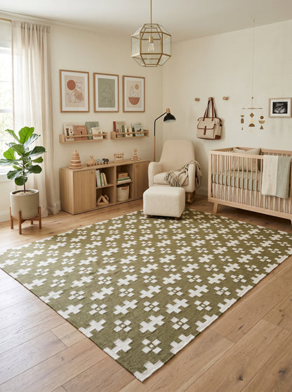 Olive Geometric Cross Handwoven Traditional Pattern Rug