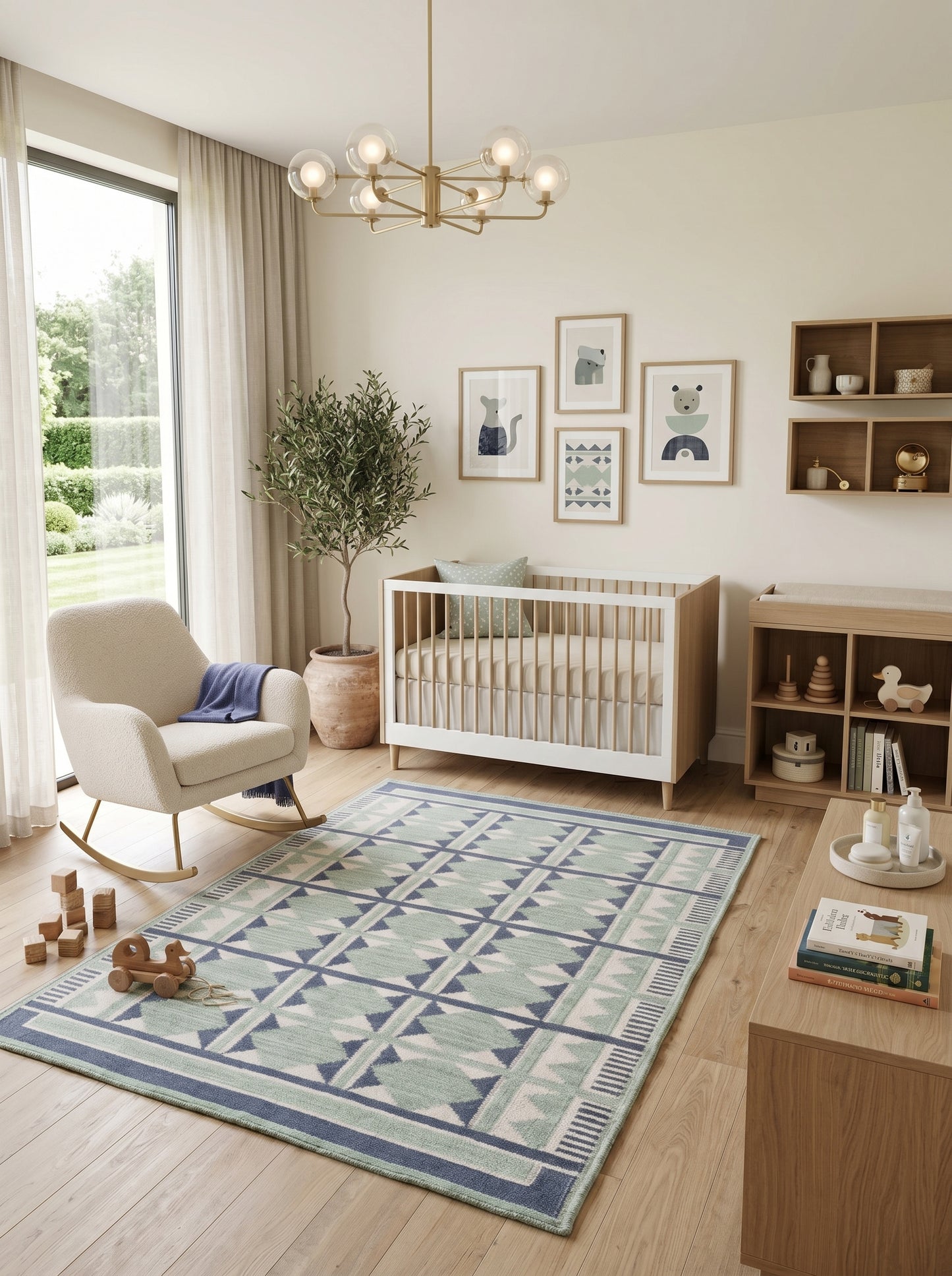 Sage Diamond Labyrinth Sage Green & Navy Wool Cotton Dhurrie Rug