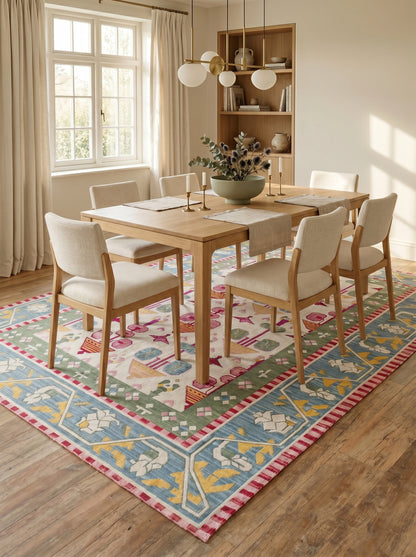 Pastel Geometric Folk Art Handwoven Cotton Flatweave Rug