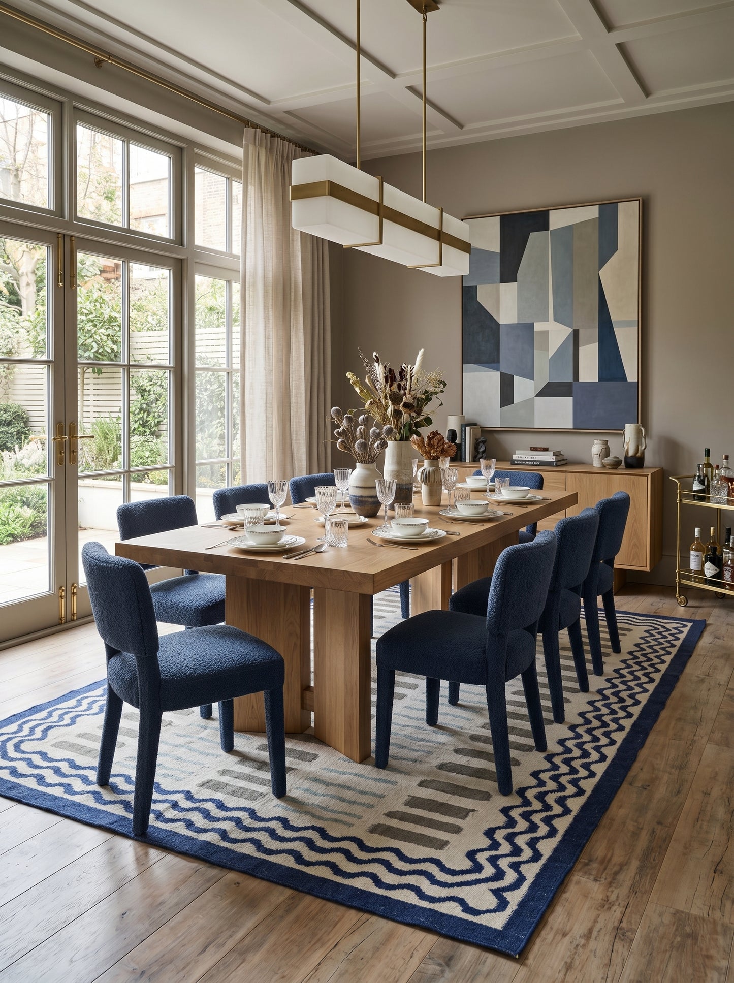 Azure Wave & Dash Abstract Rippled Wave Pattern Flatweave rug