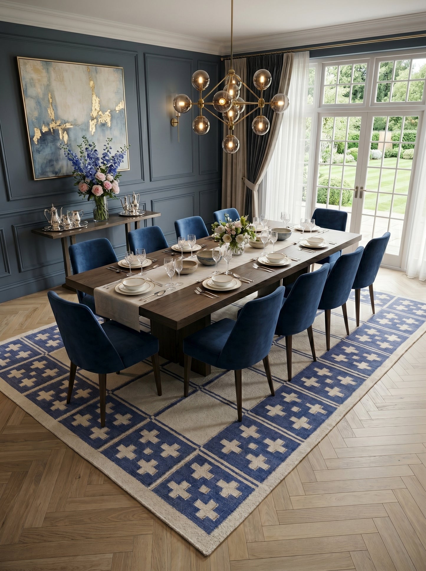 Periwinkle Windowpane Cross Modern Blue & Cream Wool Cotton Dhurrie Rug
