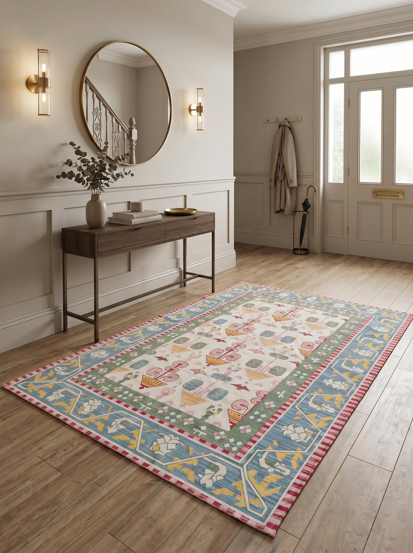 Pastel Geometric Folk Art Handwoven Cotton Flatweave Rug