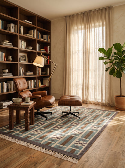 Teal Earth Block Grid Brown Wool Cotton Dhurrie Rug