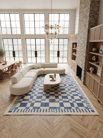 Indigo Checkered Grid Abstract Pixelated Blocks Pattern Flatweave Accent