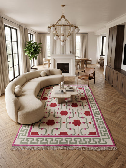 Crimson Greek Key Blossom Handwoven Symmetrical Floral Rug
