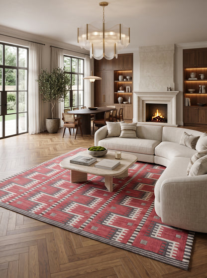 Crimson Tribal Interlock Handwoven Native American Style Rug