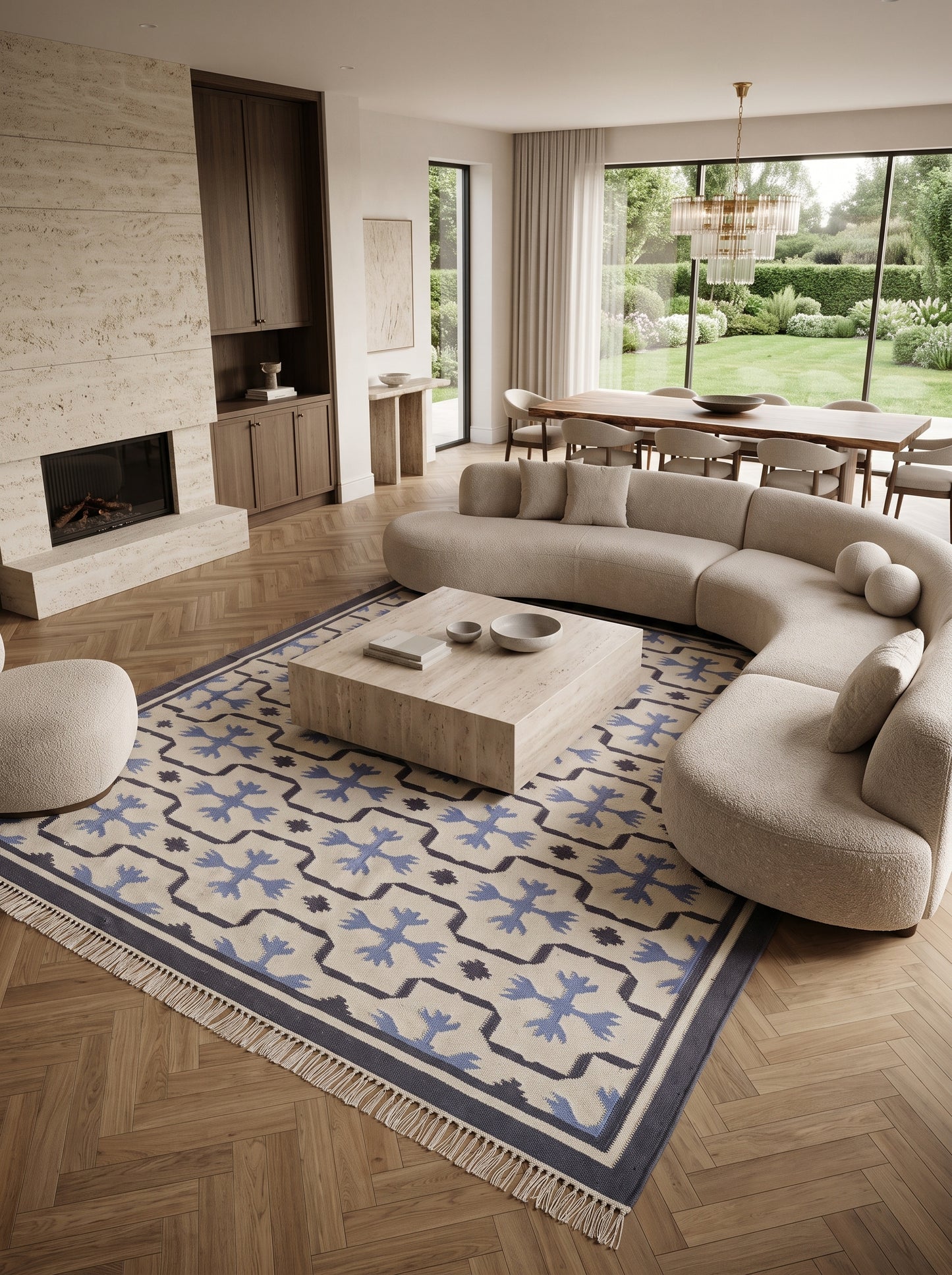 Periwinkle Lattice Crest Abstract Snowflake Motif Flatweave rug