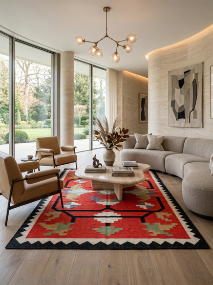 Crimson Sawtooth Heritage Traditional Red & Black Wool Cotton Dhurrie Rug