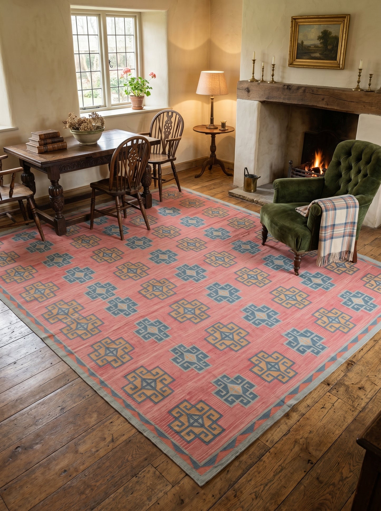 Pink Geometric Cotton Traditional Design Area Rug