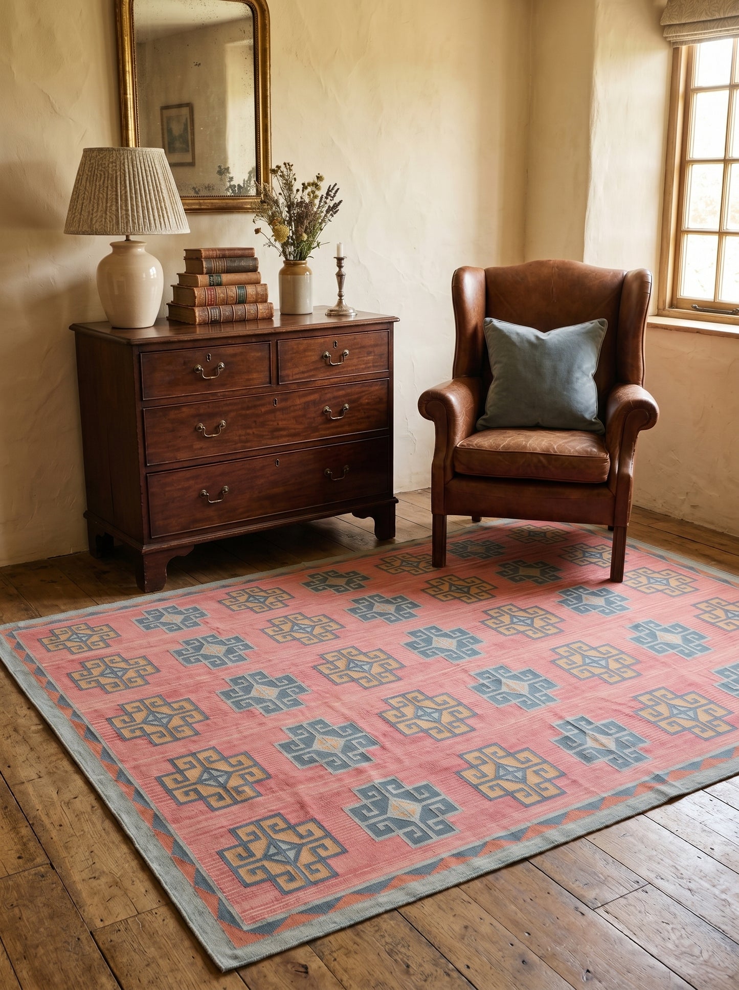 Pink Geometric Cotton Traditional Design Area Rug