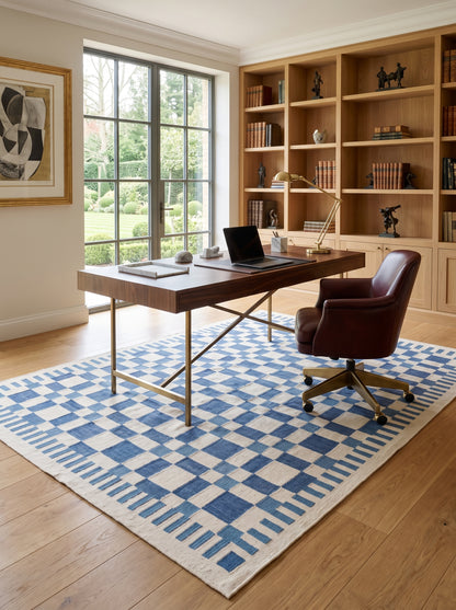Indigo Checkered Grid Abstract Pixelated Blocks Pattern Flatweave Accent