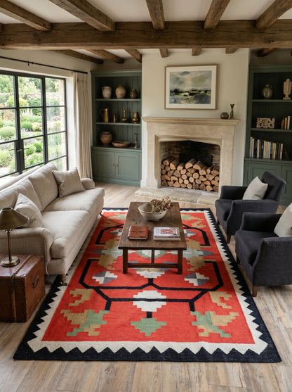 Crimson Sawtooth Heritage Traditional Red & Black Wool Cotton Dhurrie Rug
