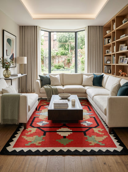 Crimson Sawtooth Heritage Traditional Red & Black Wool Cotton Dhurrie Rug