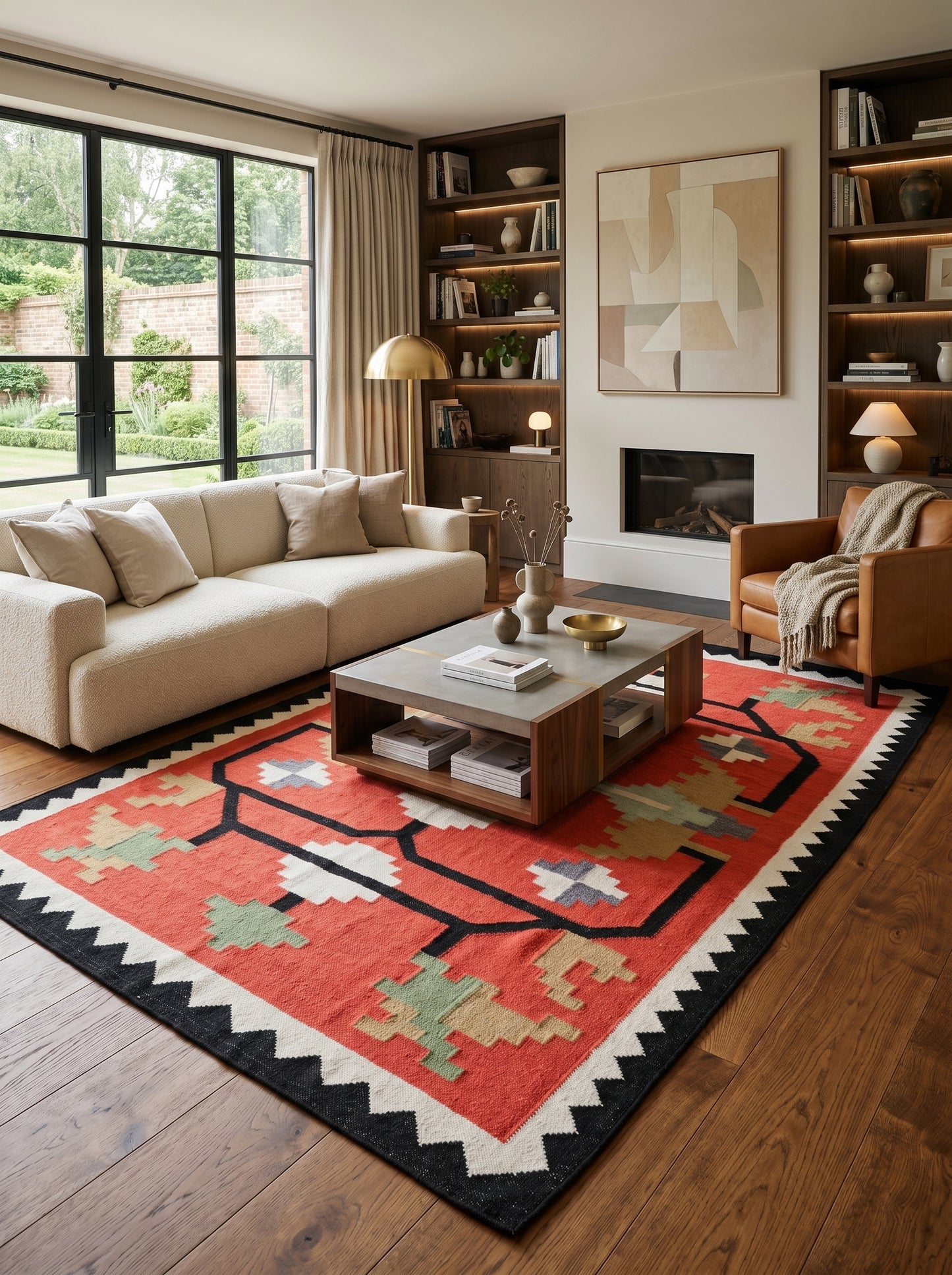 Crimson Sawtooth Heritage Traditional Red & Black Wool Cotton Dhurrie Rug