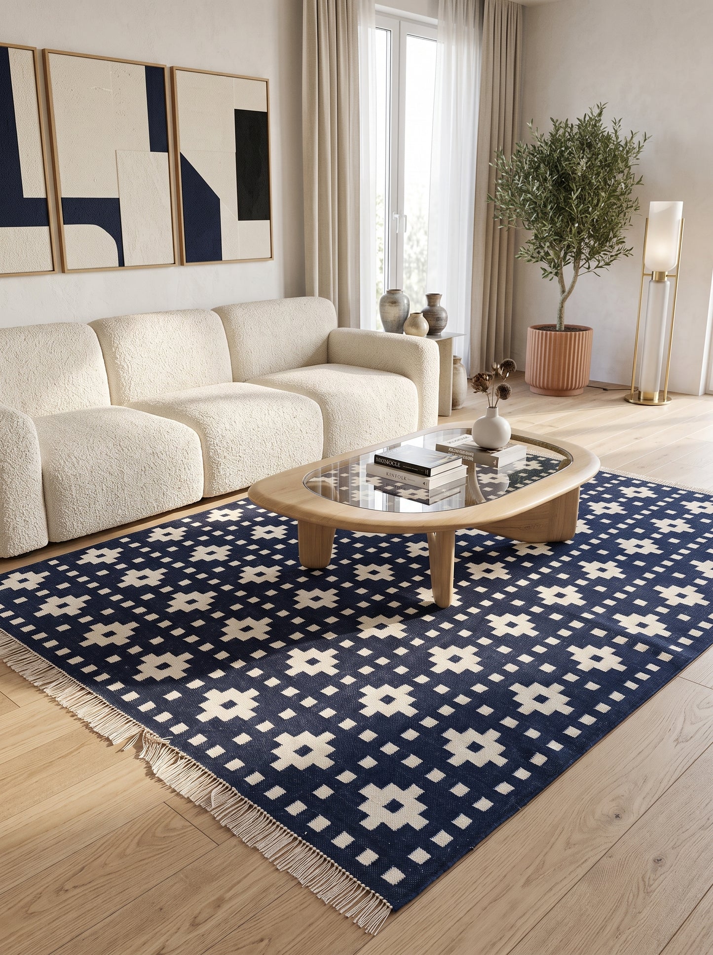 Indigo Pixel Cross Deep Navy Blue & Ivory Cream Cotton Wool Dhurrie