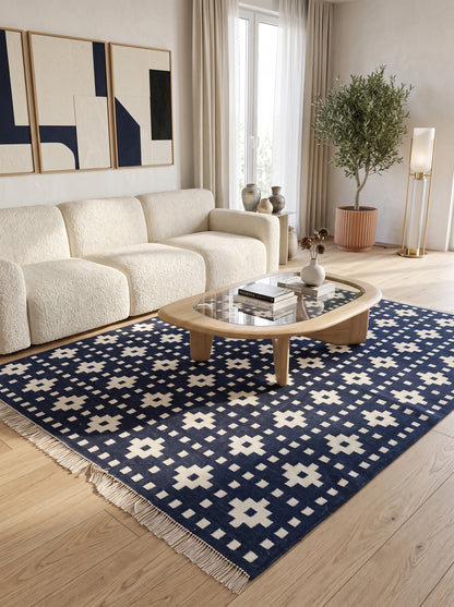 Indigo Pixel Cross Deep Navy Blue & Ivory Cream Cotton Wool Dhurrie