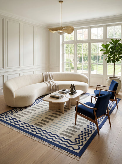 Azure Wave & Dash Abstract Rippled Wave Pattern Flatweave rug