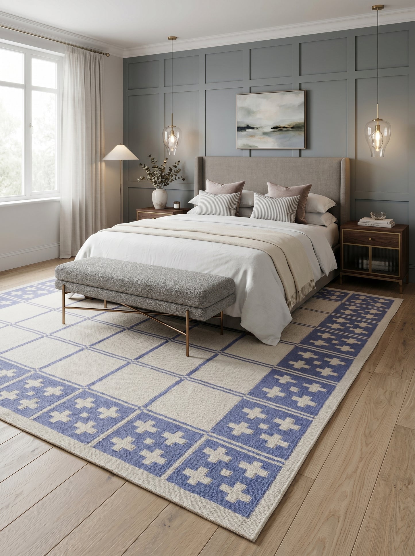 Periwinkle Windowpane Cross Modern Blue & Cream Wool Cotton Dhurrie Rug